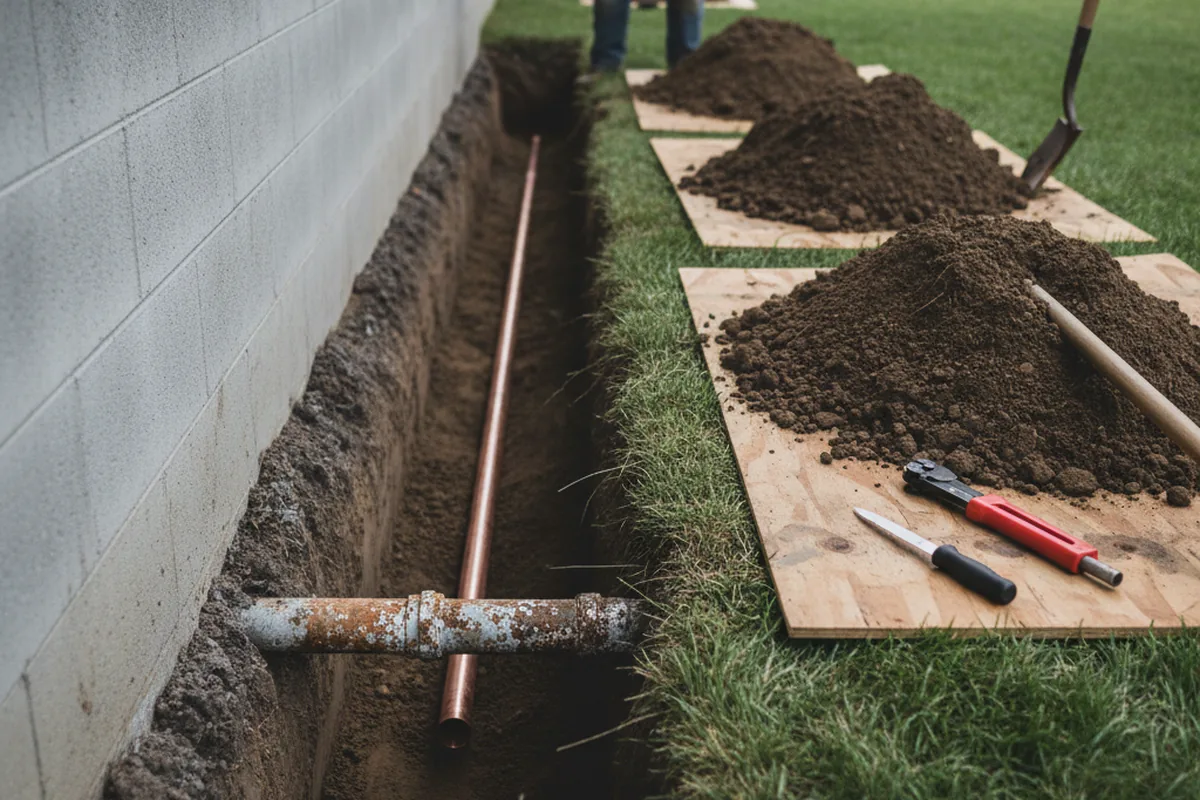 Excavated water line trench during Water Heater Repair in Beverly Hills